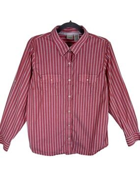 L.L. Bean Coral Blue White Cotton Collared Long Roll Tab Sleeve Button Down XL